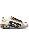 DOLCE & GABBANA EMBELLISHED PRINTED METALLIC-TRIMMED LEATHER trainers