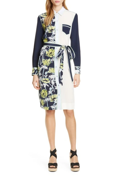 Tory Burch Silk Belted Patchwork Shift Dress In Navy Poppies Bloom