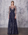 MARCHESA NOTTE SLEEVE NAVY BLUE GLITTER TULLE GOWN,N17G0473