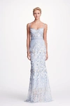 MARCHESA NOTTE BLUE SLEEVELESS EMBROIDERED CORSET GOWN,N19G0517