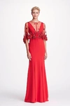 MARCHESA NOTTE 2-PIECE RED CREPE EVENING GOWN W/ CAPE,N20G0537