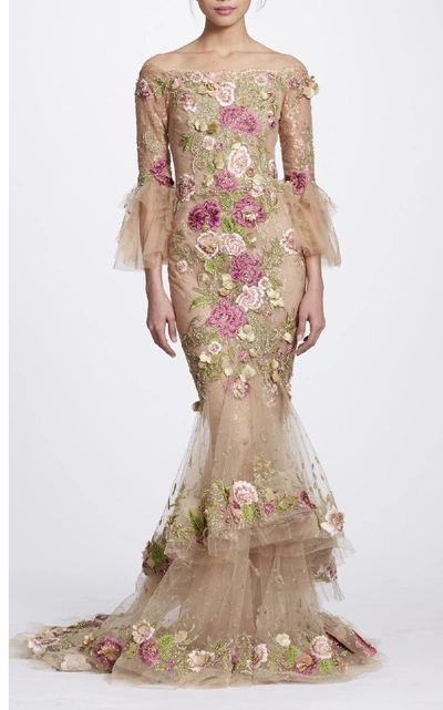 Marchesa Couture Nude Off The Shoulder Floral Embroidered Gown