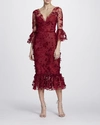MARCHESA NOTTE 3/4 SLEEVE EMBROIDERED RED MIDI-TEA DRESS,MN18FD0672-4