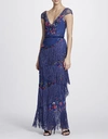 MARCHESA NOTTE FALL/WINTER 2018 MARCHESA NOTTE FLORAL CAP SLEEVE FRINGE GOWN,N25G0640