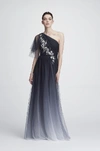 MARCHESA NOTTE RESORT 2018-19 MARCHESA NOTTE ONE SHOULDER EMBROIDERED OMBRE TULLE GOWN,N28G0808