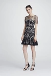 MARCHESA NOTTE SHORT SLEEVE CHIFFON AND LACE COCKTAIL DRESS,MN19RD0765-9