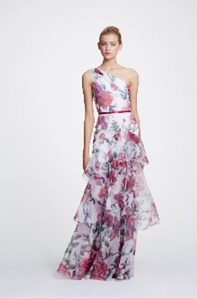 Marchesa Notte One-shoulder Satin-trimmed Floral-print Organza Gown In Ivory