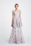 MARCHESA NOTTE SLEEVELESS FLORAL EMBROIDERED RUFFLED TIERED GOWN,MN19SG0834-1