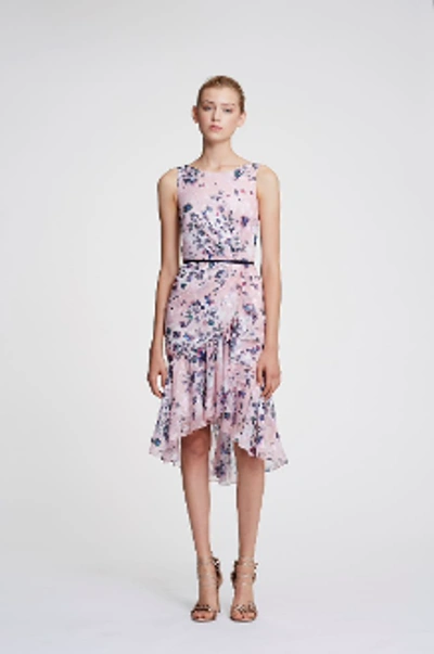 Marchesa Notte Sleeveless Printed Floral Chiffon Cocktail Dress In Pink