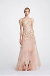 MARCHESA NOTTE SLEEVELESS V NECK HI-LOW GOWN,MN19SG0846-7