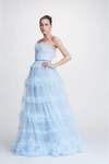 MARCHESA NOTTE STRAPLESS FLORAL TULLE BALL GOWN,MN19PFG0920-8