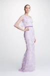 MARCHESA NOTTE EMBROIDERED TULLE ONE SHOULDER GOWN,MN19PFG0935-8