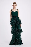 MARCHESA NOTTE SLEEVELESS TIERED EMERALD GOWN,MN19FG1011-9