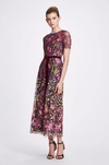 MARCHESA NOTTE Short Sleeve Embroidered Guipure Midi-Tea Dress,N33C1025