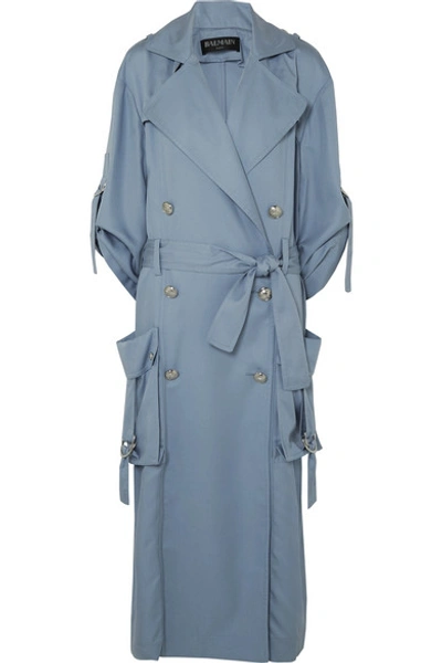 Balmain Double-breasted Lyocell Trench Coat In Blue