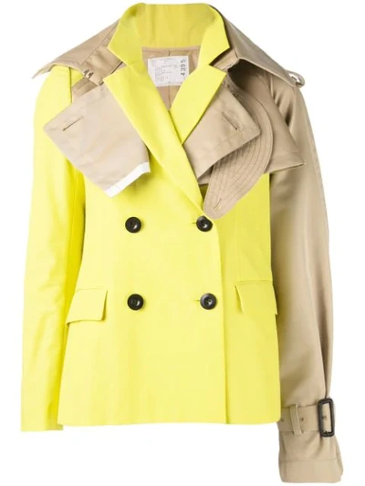 Sacai Double-breasted Trench Coat Blazer In Yellow/brown