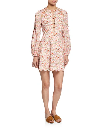 Zimmermann Goldie Cutout Floral-print Linen And Cotton-blend Mini Dress In Coral Blossom