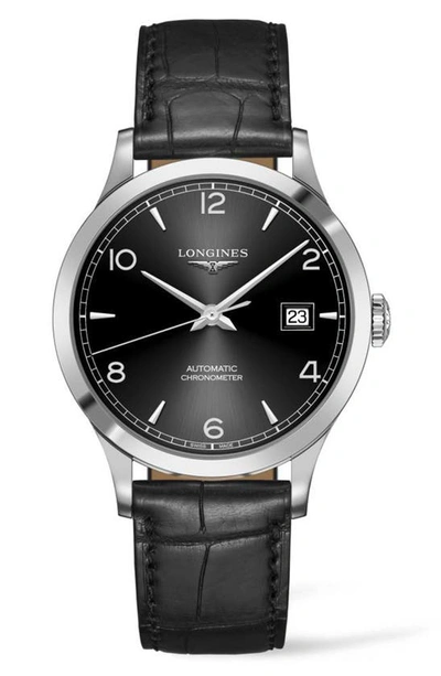 Longines Record Alligator Leather Strap Automatic Watch, 40mm In Black/ Silver