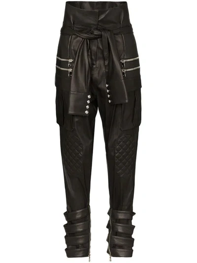 Balmain Knot-detail Leather Pants In Black
