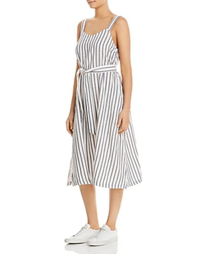 Three Dots Striped Sleeveless Midi Cotton Dress In Denim Natural
