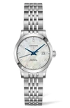 Longines Women's Swiss Automatic Record Collection Diamond-accent Stainless Steel Bracelet Watch 30mm In Silver/ Mop/ Silver