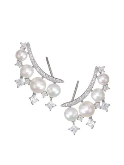 Adriana Orsini Rhodium-plated Sterling Silver 5mm-7.5mm Freshwater Pearl & Crystal Crawler Earrings
