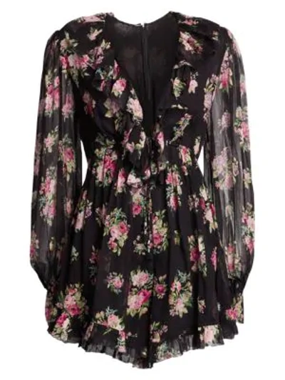 Zimmermann Honour Floating Silk Floral Ruffled Playsuit In Black Floral