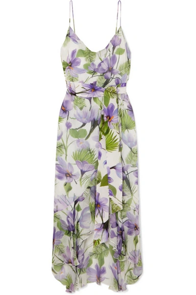 Alice And Olivia Tevi Cowl-neck Asymmetric Floral Dress W/ Sash In Lilac
