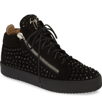 Giuseppe Zanotti Crystal-embellished Suede Mid-top Sneakers In Black Topaz