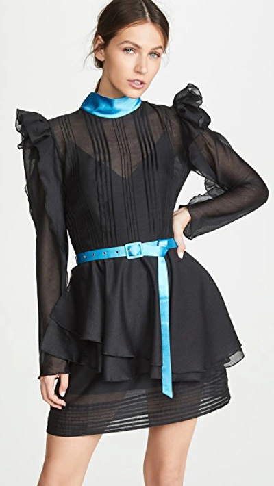 Anna October Puff Sleeve Tulle Ruffle Mini Dress In Black