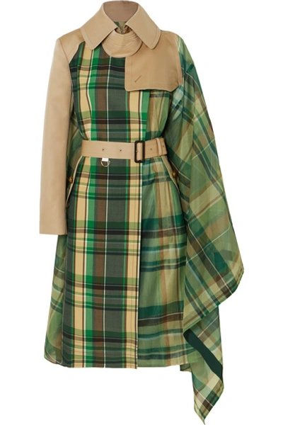 Sacai Checked Organza And Cotton-blend Gabardine Trench Coat In Green