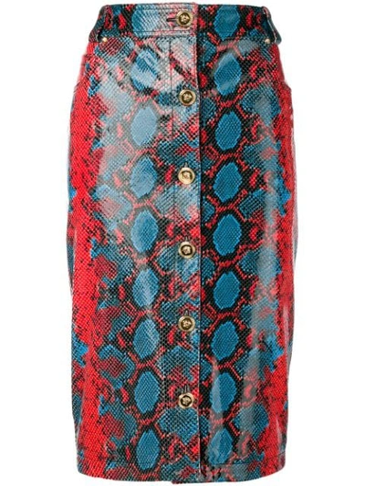 Versace Python Print Leather Button Front Midi Skirt In Blue