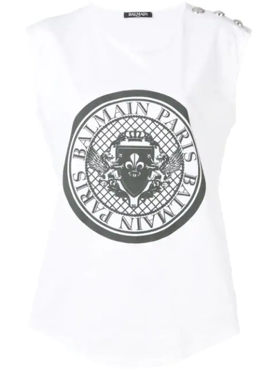 Balmain Button-embellished Printed Cotton-jersey Tank In White