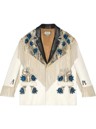 Gucci Leather Jacket With Appliqués In 9133 White