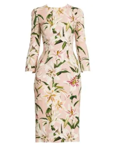 Dolce & Gabbana Three-quarter Sleeve Lily Print Dress In Light Pink Base Lily