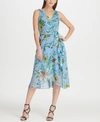 DKNY FLORAL CHIFFON V-NECK MIDI WRAP DRESS WITH BELT