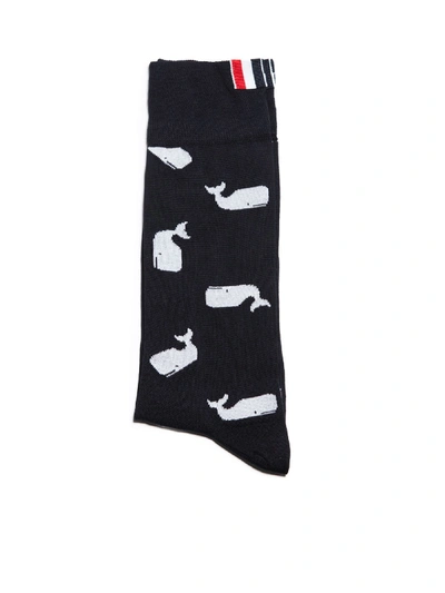 Thom Browne Whale Intarsia Cotton Blend Knit Socks In Blu Bianco