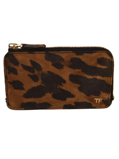 Tom Ford Suede Leopard Print Zipped Wallet In Brown