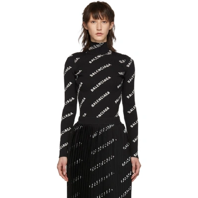Balenciaga Black & White Women's Black Logo Print Cut-out Knit Top In 1070 Blk Wh