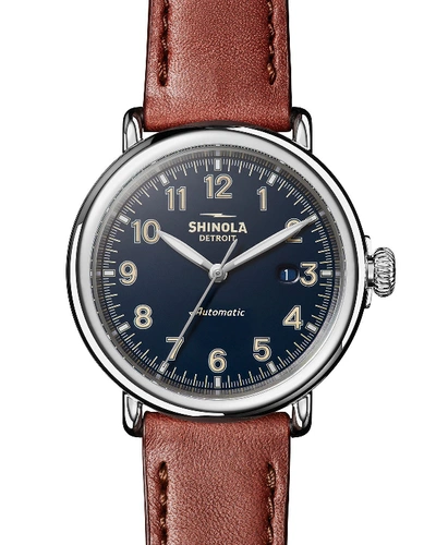 Shinola Men's Runwell Automatic Stainless Steel & Leather Strap Watch In Navy/brown