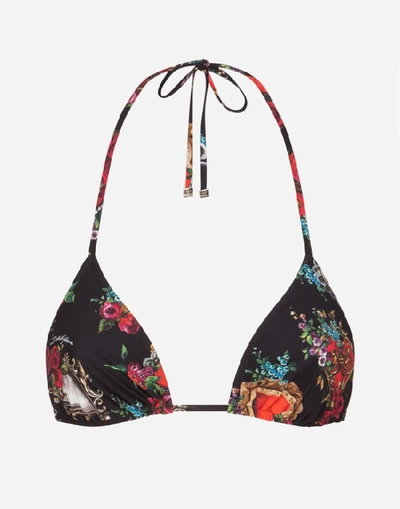 Dolce & Gabbana Triangle Bra With Sacred Heart And Rose Print In Black