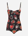 DOLCE & GABBANA ONE-PIECE BALCONETTE SWIMSUIT WITH SACRED HEART AND ROSE PRINT