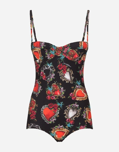 Dolce & Gabbana One-piece Balconette Swimsuit With Sacred Heart And Rose Print In Multicolor