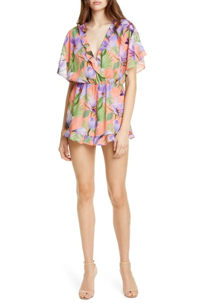 Alice And Olivia Sachi Floral-print Short-sleeve Ruffled Romper In Floral Palm Coral
