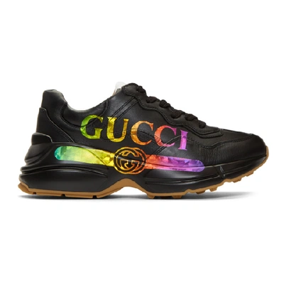 Gucci Rhyton Metallic Logo-print Leather Trainers In Black