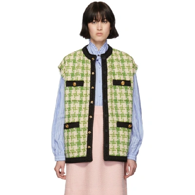 Gucci Houndstooth Sleeveless Waistcoat With Ribbon Trim In 3054 Green