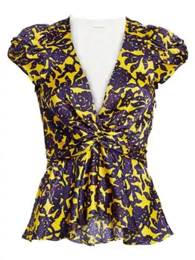 A.l.c Aya Floral V-neck Peplum Blouse In Purple,yellow
