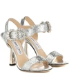 Jimmy Choo Sereno 100 Silver Galactica Glitter Fabric Sandals With Jewelled Buckle