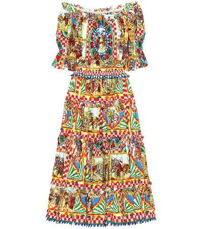 Dolce & Gabbana Carretto-print Off-the-shoulder Cotton Midi Dress In Yellow