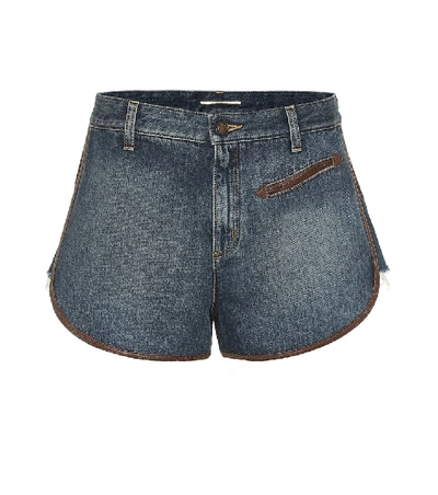 Saint Laurent Cotton Denim Shorts W/ Leather Piping In Blue